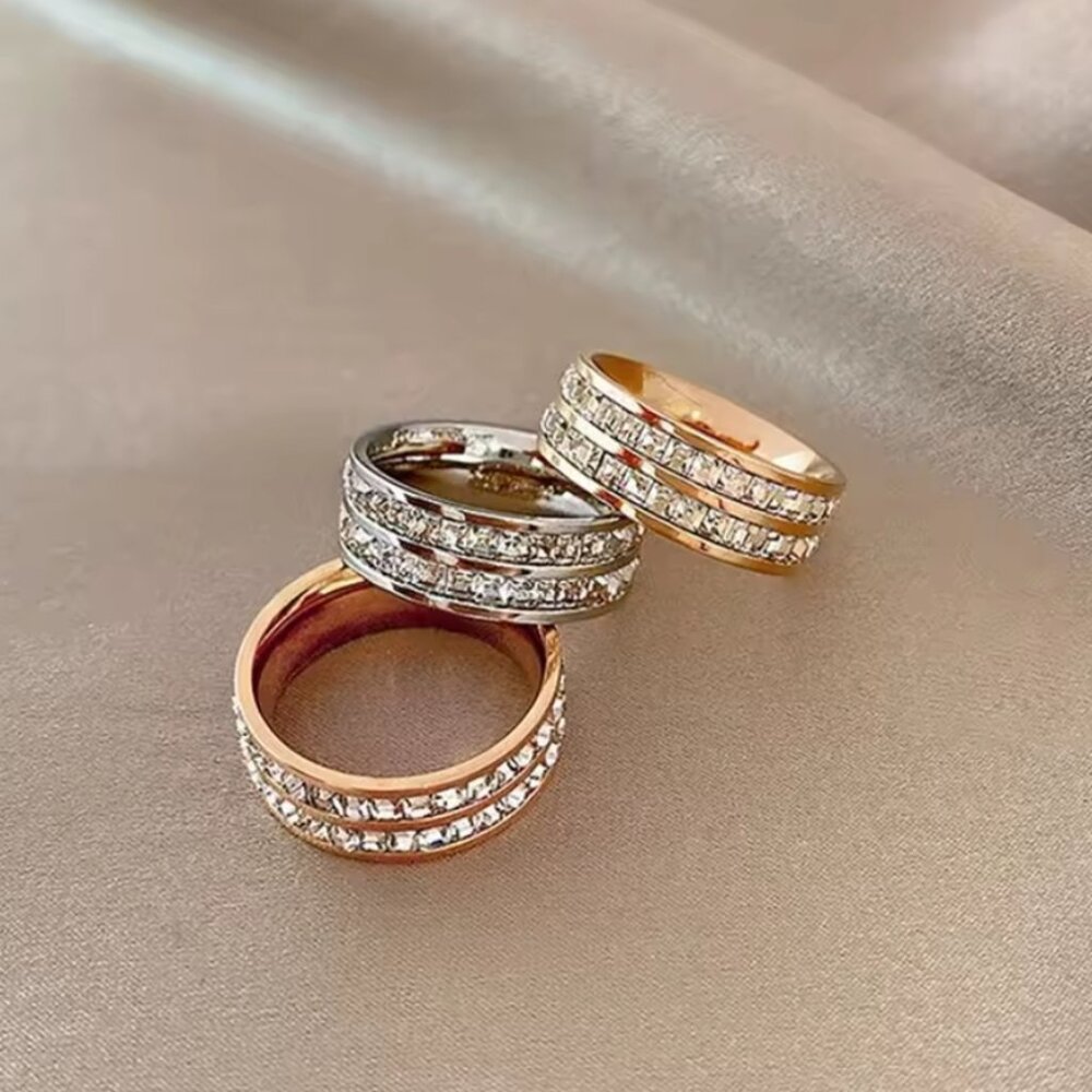 Double row square zircon silver stainless steel ring - Picture 2 of 4